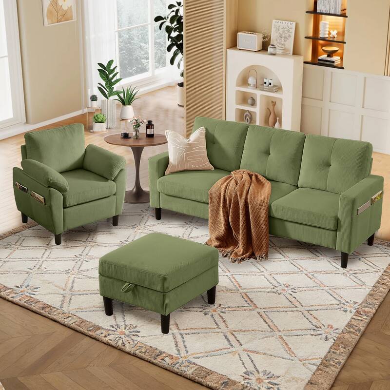 3 Pieces Corduroy Living Room Set with Sofa ,Storage Ottoman and Chair