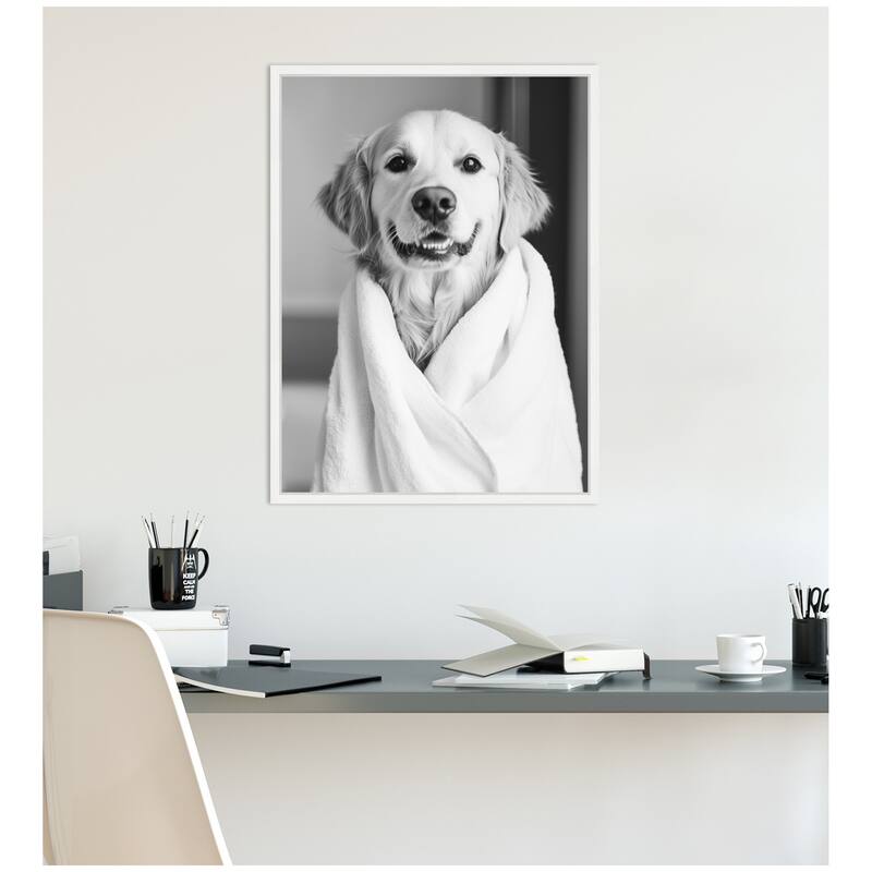 Kate and Laurel Sylvie Golden Retriever Bathroom Towel Robe Black and White Framed Canvas by The Creative Bunch Studio