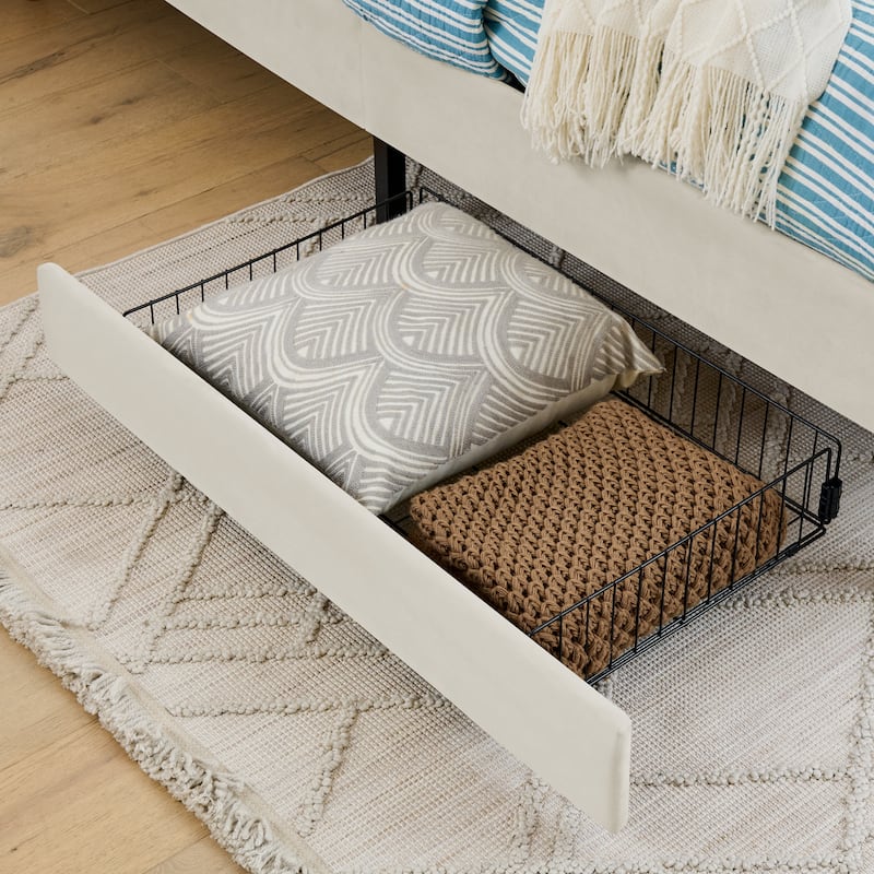 Roomfitters Twin/Full Upholstered Platform Bed with Side Backrest and Underbed Storage Trundle