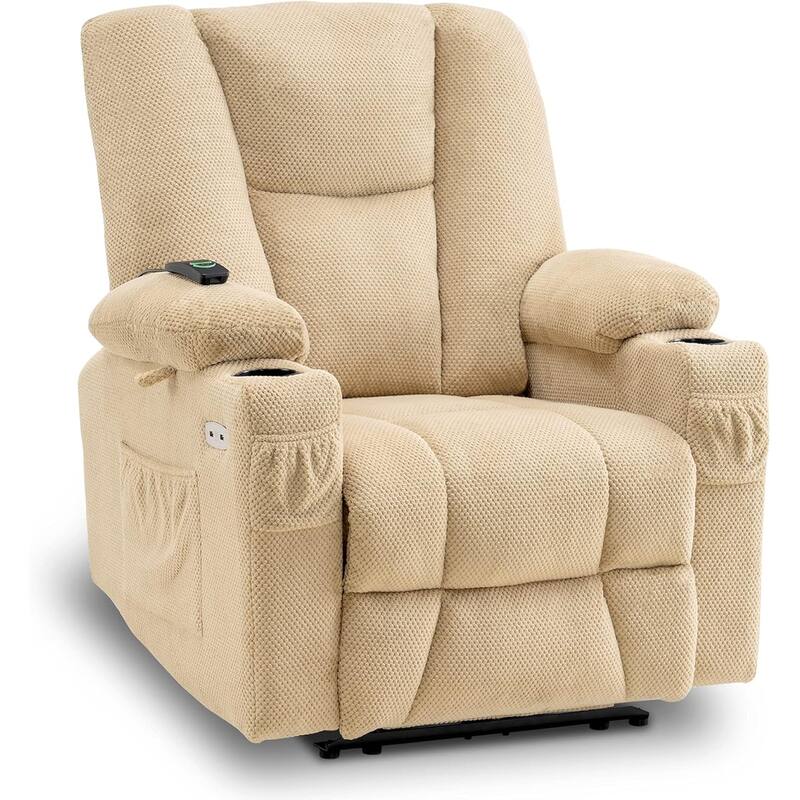 MCombo Electric Power Recliner Chair with Massage & Heat, Plush Fabric 8015 - Beige