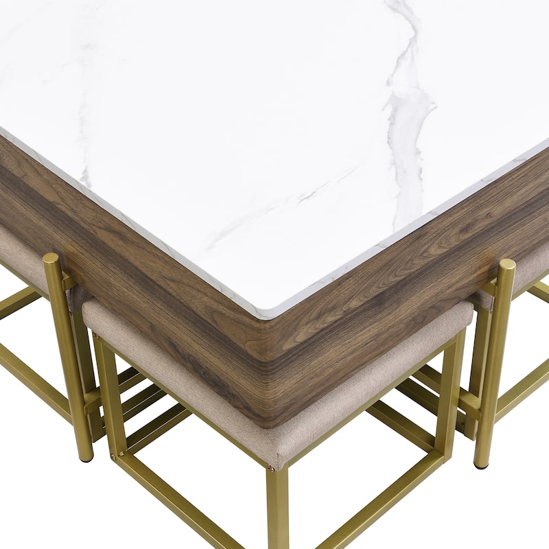 Mid-Century Lift Top Coffee Table Set, Large Square Storage Coffee Table with 4 Ottomans, Family Gathering Wooden Center Table