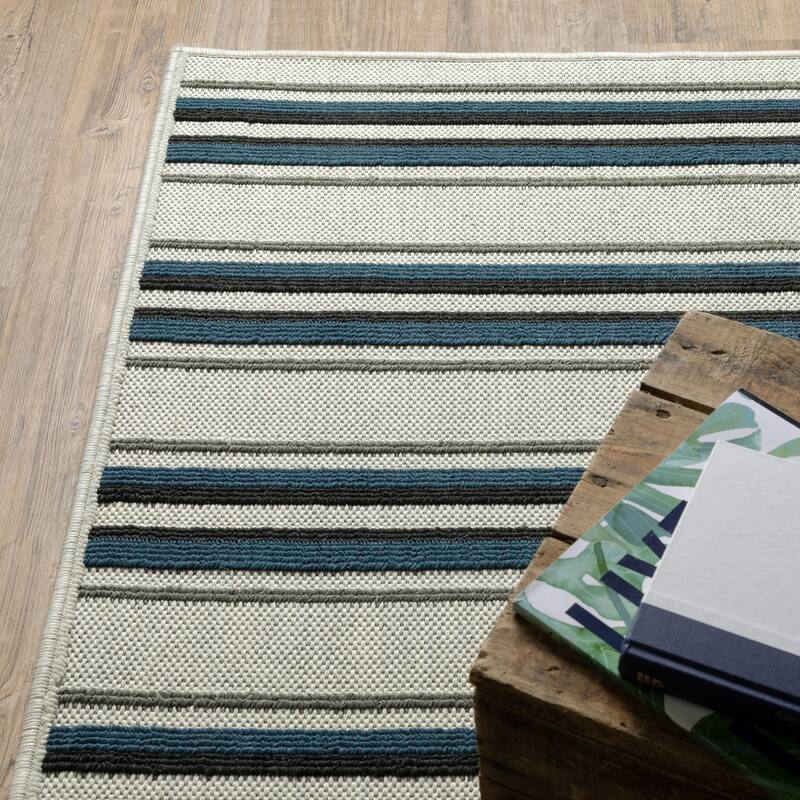 Vista Home Talcot Multi-Striped Grey/ Teal Indoor-Outdoor Area Rug