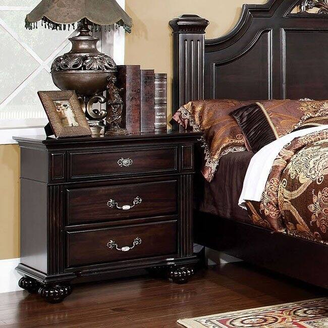 Traditional Dark Walnut 1pc Solid Wood Nightstand w/ 3 Drawers & Antique Brass Handles for Bedroom