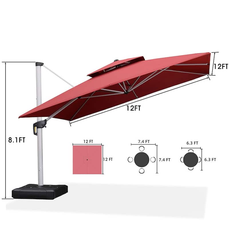 PURPLE LEAF 12 ft Double Top Deluxe Square Patio Cantilever Umbrella