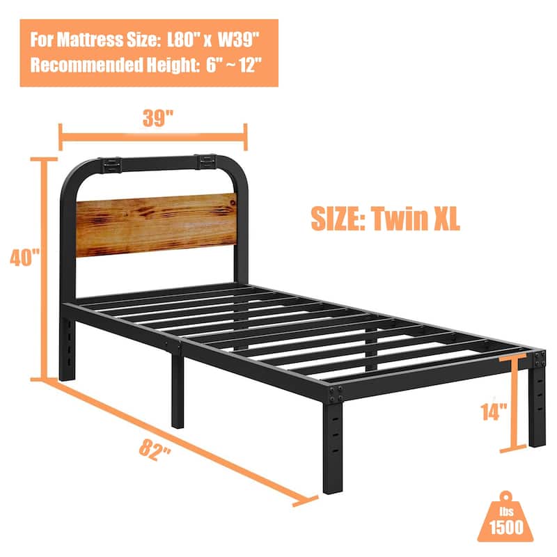 Bed Frame 14 Inch Rustic Wood Headboard, Heavy Duty Steel Slats Support, No Box Spring Needed