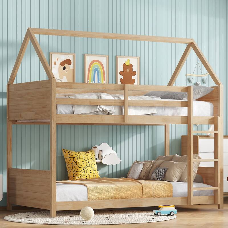 Twin Over Twin House Floor Bunk Bed with Headboards, Footboards and Guardrails, Ladder, with Safety Guardrails