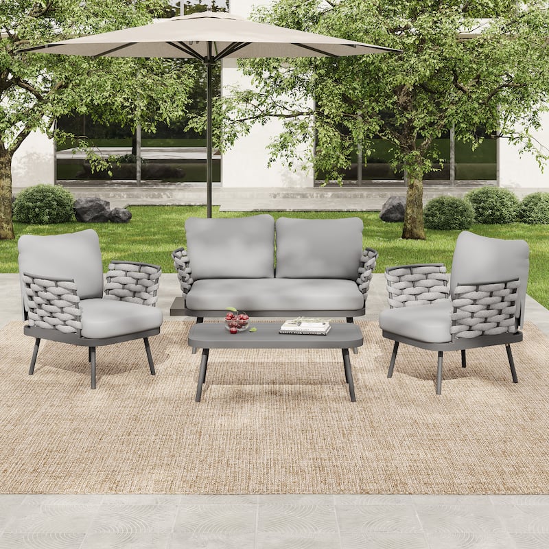 Roomfitters Steel 4-Piece Outdoor Conversation Set with Woven Rope Armrests and Cushions