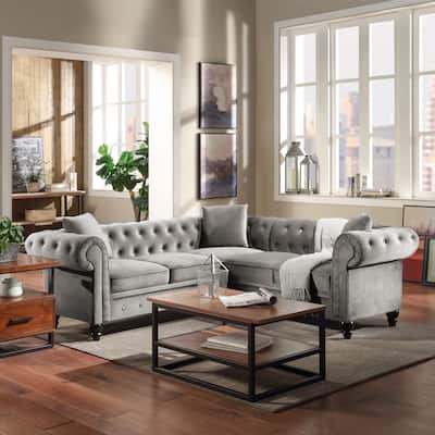 Tufted Velvet Upholstered Sectional Sofa Rolled Arm Sofa with Pillows