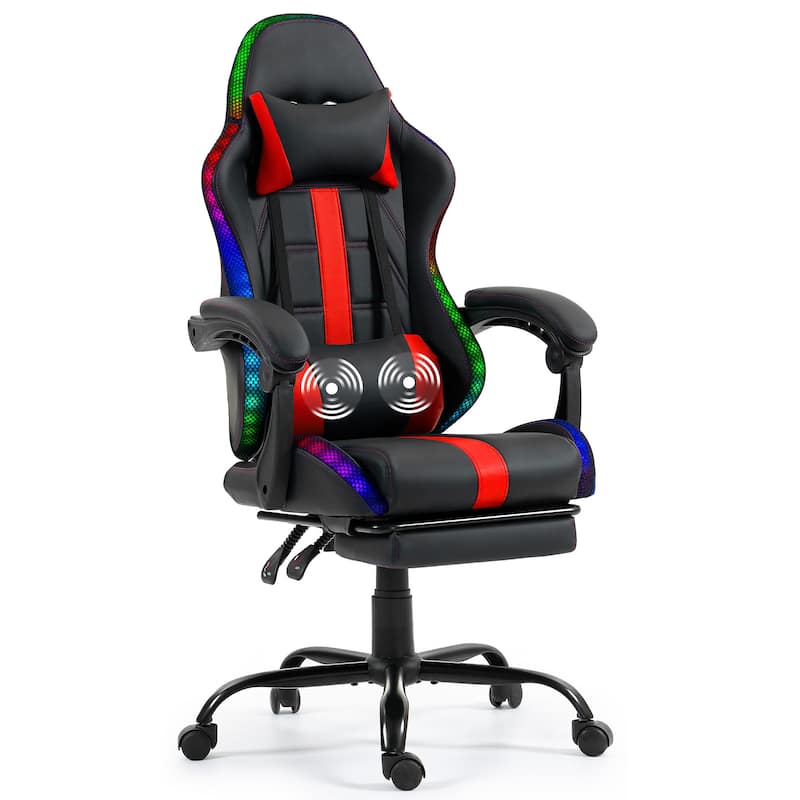 EROMMY RGB LED Gaming Chair with Thickened Massage Lumbar Pillow & Upgraded Footrest, Reclining Ergonomic Chair - Red