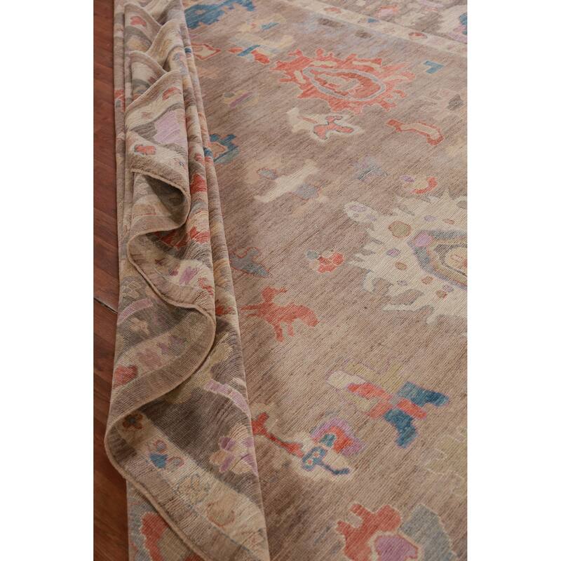Hand Knotted Oriental 100% Wool Carpet Transitional All-Over Brown Oushak Area Rug - 12' 4'' X 9' 5''