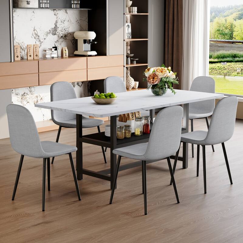 7-Piece Modern Dining Table Set, 71x35.4 Inch Wood Grain Table & 6 High-Resilience Fabric Chairs - Light Gray,White+Black