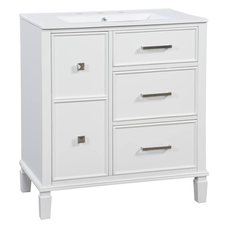 Roomfitters 30" Bathroom Vanity with Ceramic Sink Flip-Out Drawer for Plumbing Solid Wood Legs and MDF Cabinet