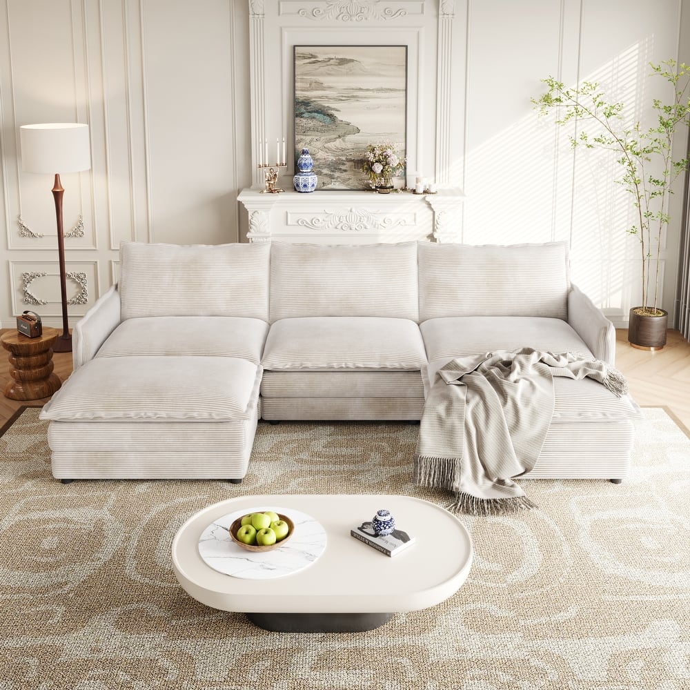 Living Room U-shaped Sectional Sofa with Chaise Corduroy Fabric Upholstered Deep Seat 3 Seater Couch with 2 Ottomans