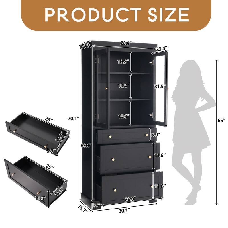 70.1" Modern High Freestanding Tall Bathroom Cabinet with 2 Adjustable Shelves, 3 Drawers, Soft Close Glass Doors
