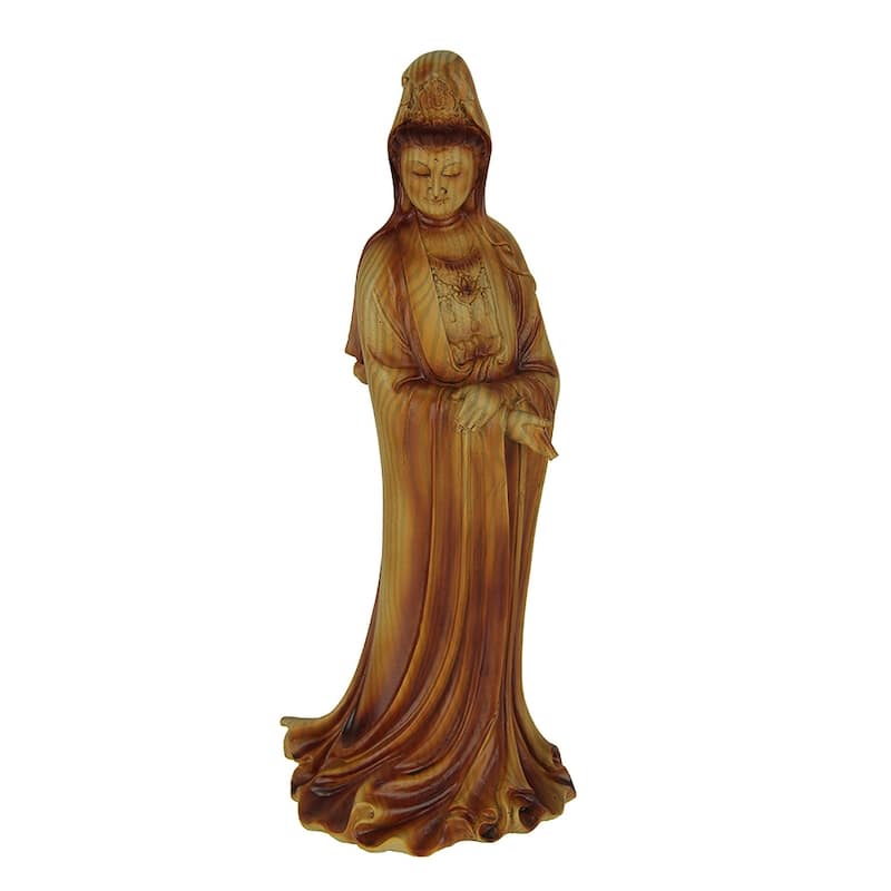 Guanyin Goddess Of Mercy Faux Carved Wood Look Statue - 11.75 X 4.25 X 4 inches