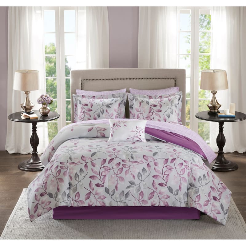 Madison Park Essentials Eden Purple Printed Complete Comforter Set with Cotton Bed Sheets - Twin