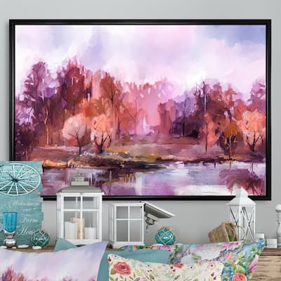 Designart "Abstract Purple Autumn Trees By The Lake II" Cabin & Lodge Framed Canvas artwork