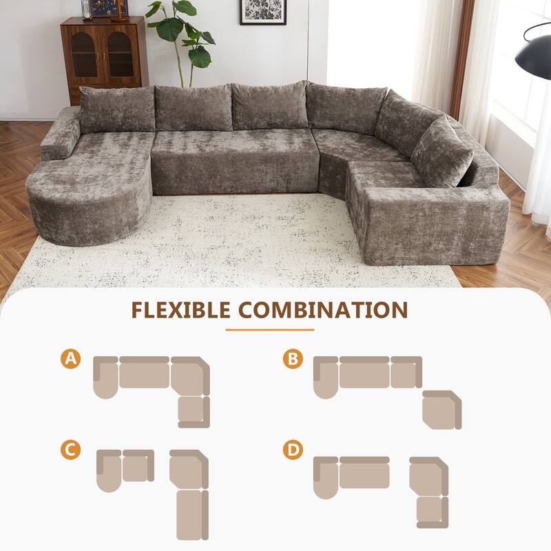 Chenille U-shaped Sofa, Cloud Sectional Sofa Set Upholstered Deep Seat Couches with 6 Pillow Recliner Sofa for Living Room