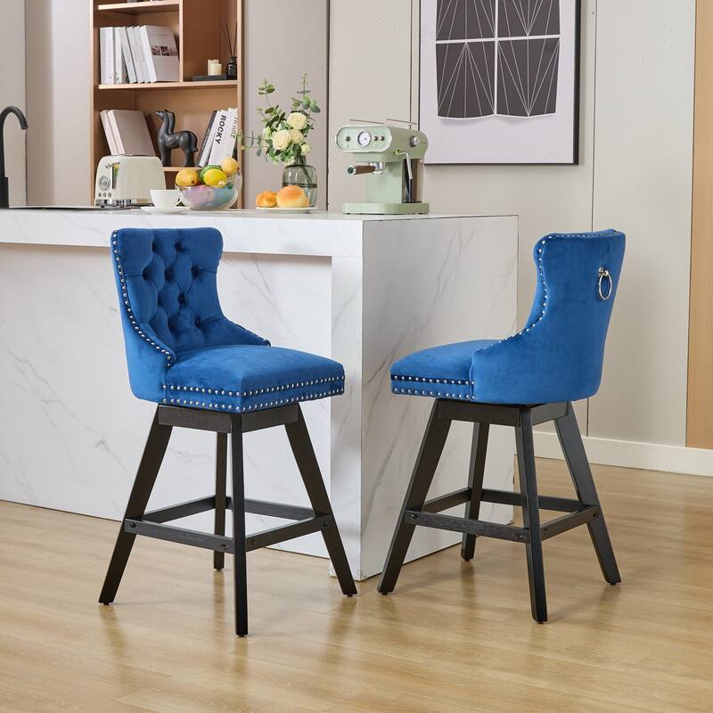 Swivel Bar Stools Set of 2, Velvet Counter Height Barstools with Wooden Legs, Kitchen Island Chairs with Button Backrest