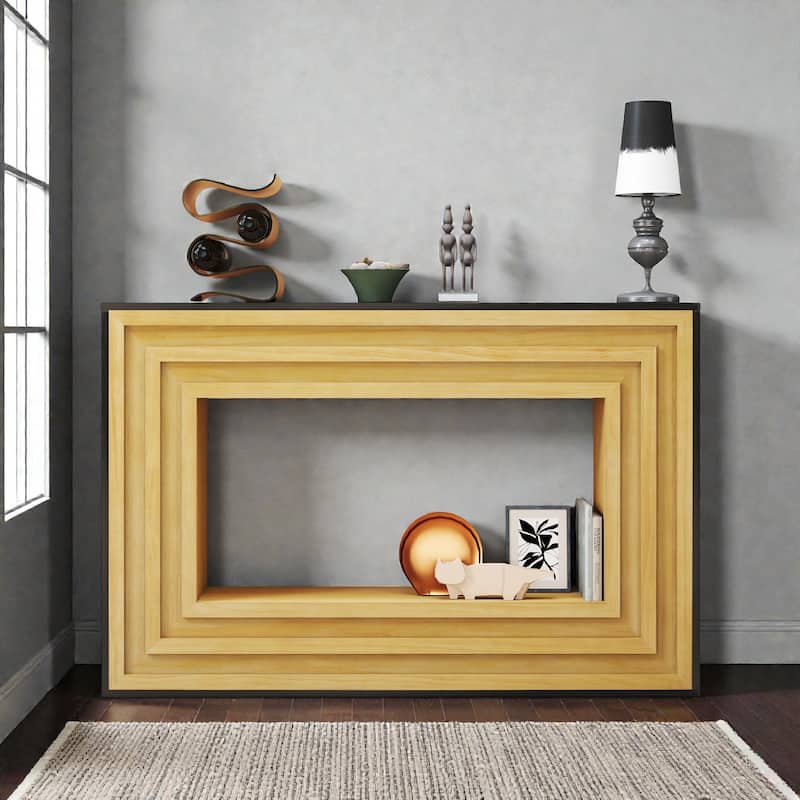 47" Modern Contrast Console Table with Layered Wood Frame and Black Top, Entryway Table for Hallway & Living Room - Natural