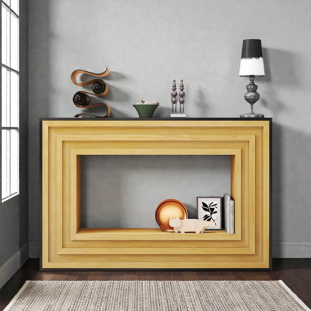 47" Modern Contrast Console Table with Layered Wood Frame and Black Top, Entryway Table for Hallway & Living Room