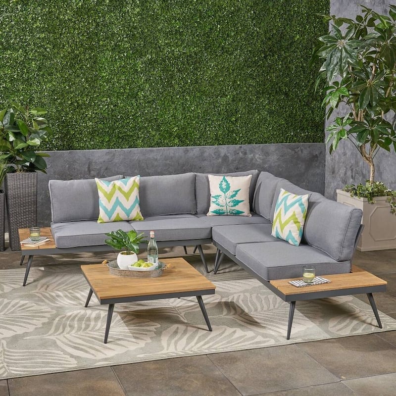 Outdoor 4-Person Seating Group with Thick Cushions - Patio Sofa Set - All-Weather Garden Lounge Furniture (Table Not Included) - Oak