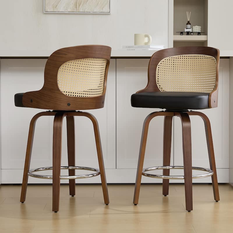 26" Upholstered Swivel Counter & Bar Stool with Rattan Back - 37.4"H x 19.09"W x 19.88"D