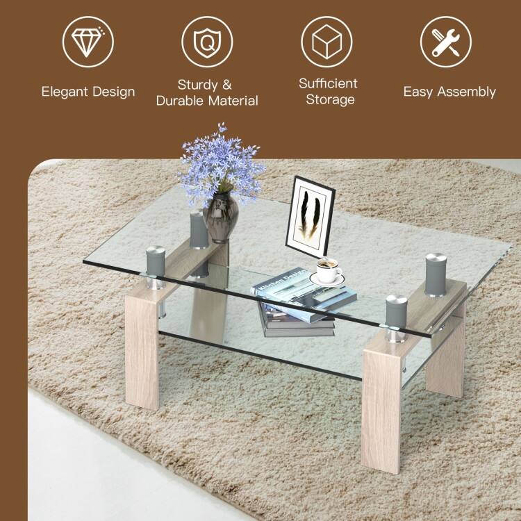 Rectangle Glass Table with Metal Legs for Living Room - 39" x 23.5" x 17.5"