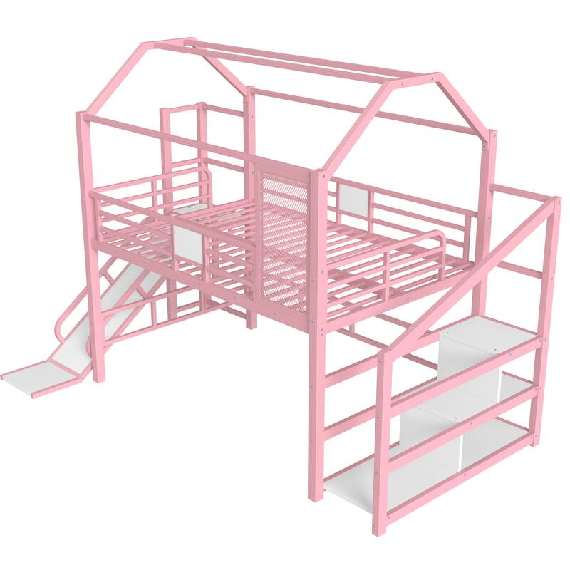 Full House Loft bed with Slide and Stairs, Metal Playhouse Bed with Storage Shelves, House-shaped Roof and Noise-free Design