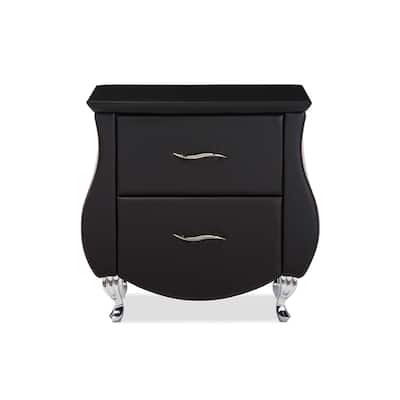 Modern Nightstand with 2 Drawers, Black Bedside Table, Steel Legs, Contemporary Accent Furniture