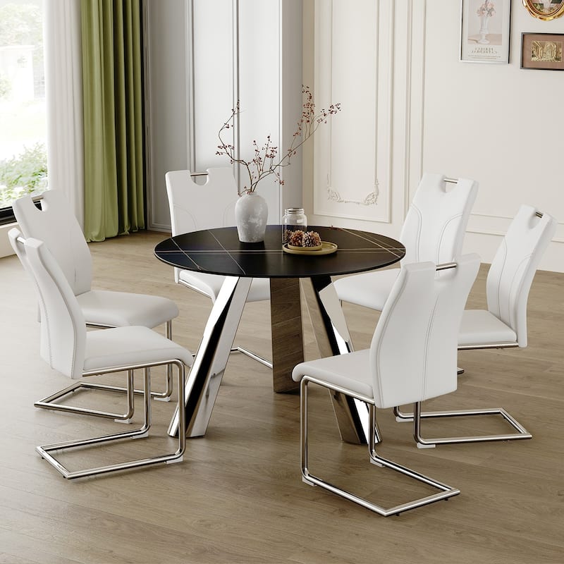 Roomfitters Round Dining Table with 4/6 White Chairs, Stainless Steel Legs, Sintered Stone Black Table Top