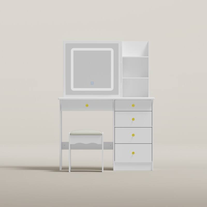 Vanity Desk Makeup Table Sliding Lighted Dressing Table Glass Top