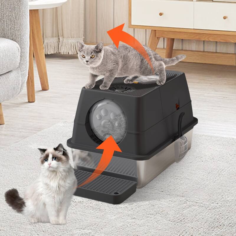Large Stainless Steel Enclosed Cat Litter Box with Lid, Metal Kitty Litter Box with Flip Cover, Removable Top and Litter Scooper