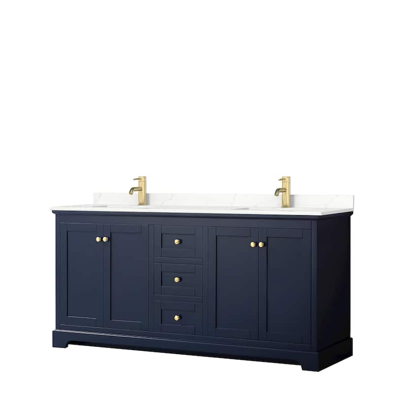 Avery 72-inch Double Vanity, Quartz Top - Dark Blue, Gold Trim, Giotto Quartz Top