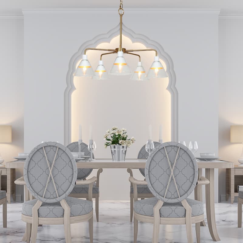 Seticy Modern Wagon Wheel Chandeliers with Accent White Gold Shaded Cone Glass for Dining Room - D 25" x H 21.5"