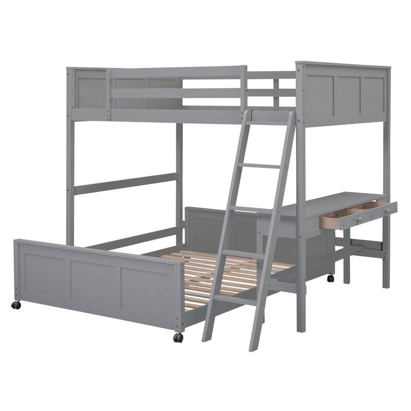Twin/Full Over Full Bunk Bed with Desk and Storage, Pine Wood and MDF