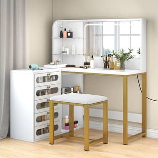 Moasis 48" L Shaped Makeup Vanity Set 5 Drawers with Lighted Mirror and Stool