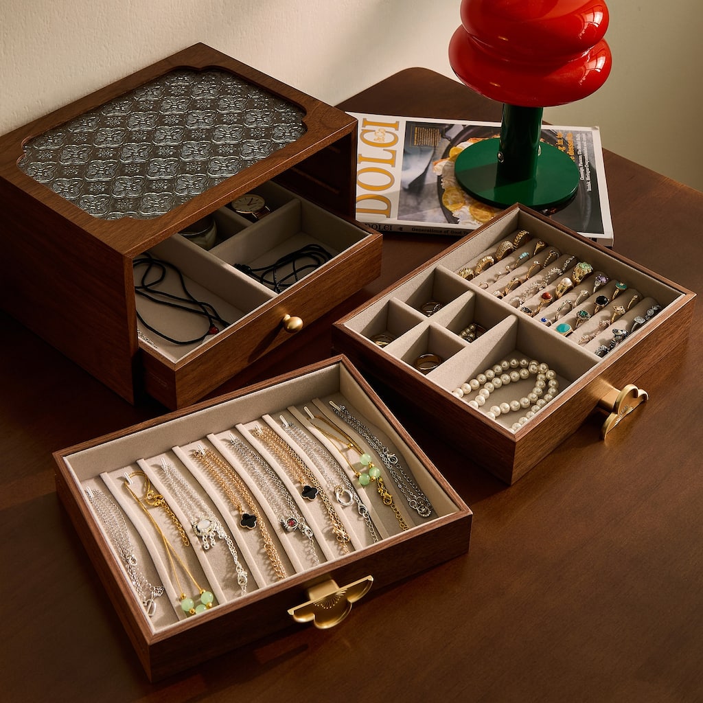 Handcrafted Black Walnut Wooden Jewelry Organizer – Glass Lid, 3 Drawers & Pull-Out Necklace Storage – Stylish Storage for Women
