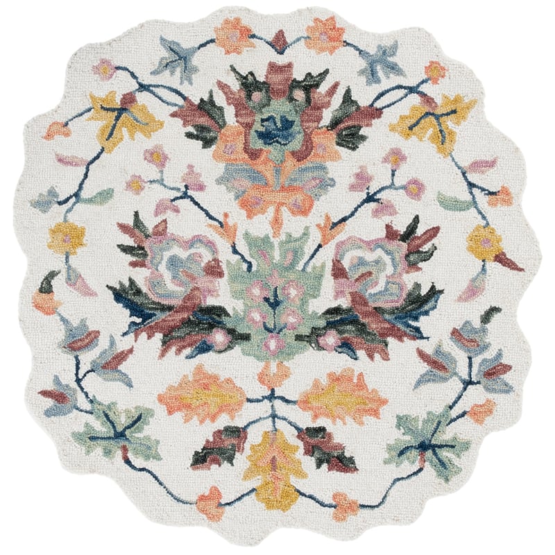 SAFAVIEH Handmade Jardin Mesure Floral Wool Rug - Ivory/Light Green - 3' Round Scallop