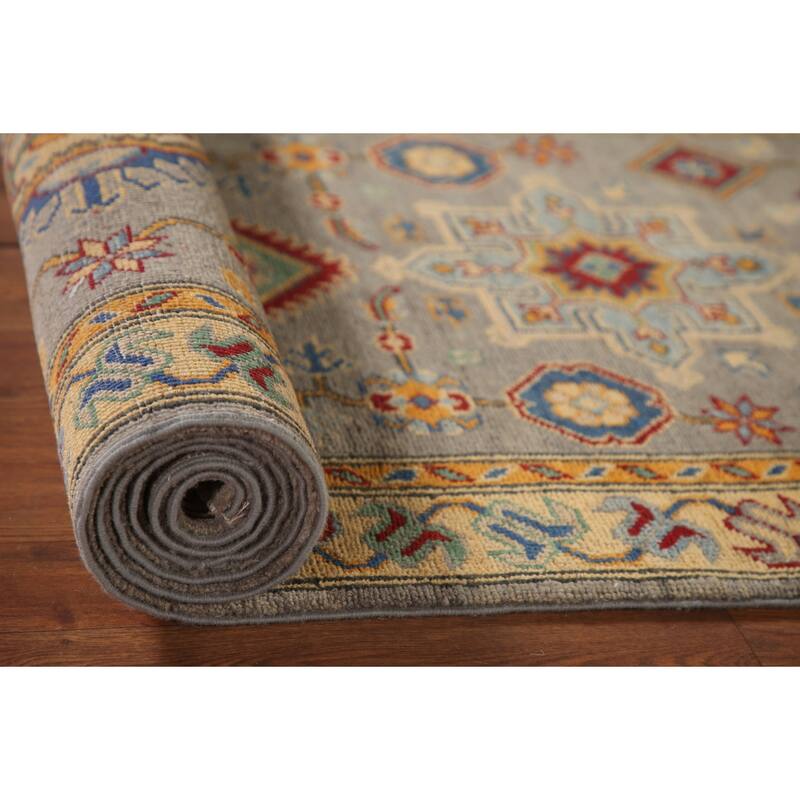 Geometric Kazak Runner Rug Handmade Grey Wool Carpet - 2'8" x 16'3"