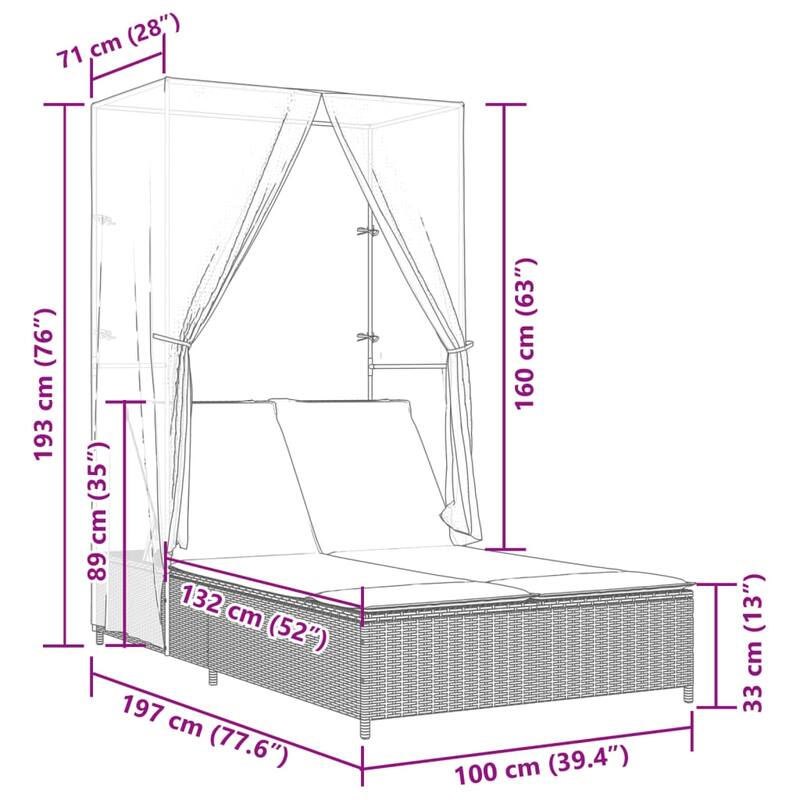 vidaXL Double Sun Lounger with Roof and Curtains Poly Rattan Brown/Gray/Black - 40.9" x 77.6" x 76"