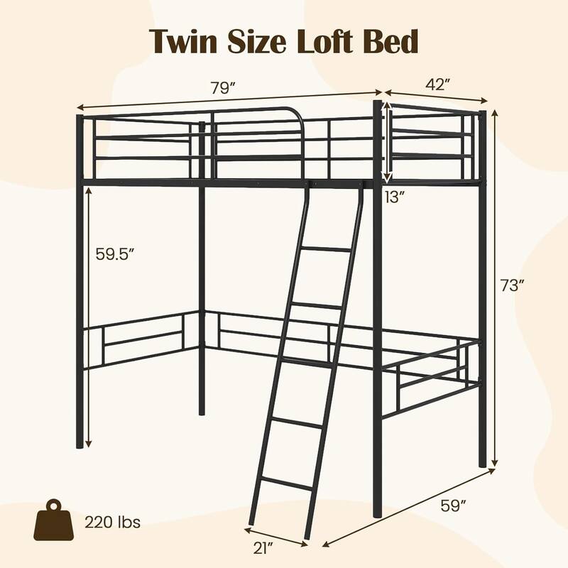 Twin Size Loft Bed Metal Loft Bed Frame w/Ladder & Safety Guardrail