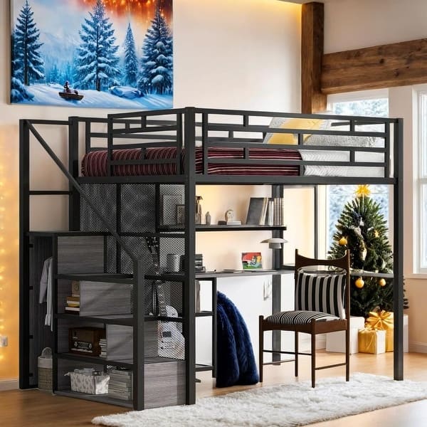 slide 2 of 12, Contemporary Full Size Metal Loft Bed with Wardrobe, Desk, Storage Shelves, Space-saving Design & Safety Guaranteed, Black Black