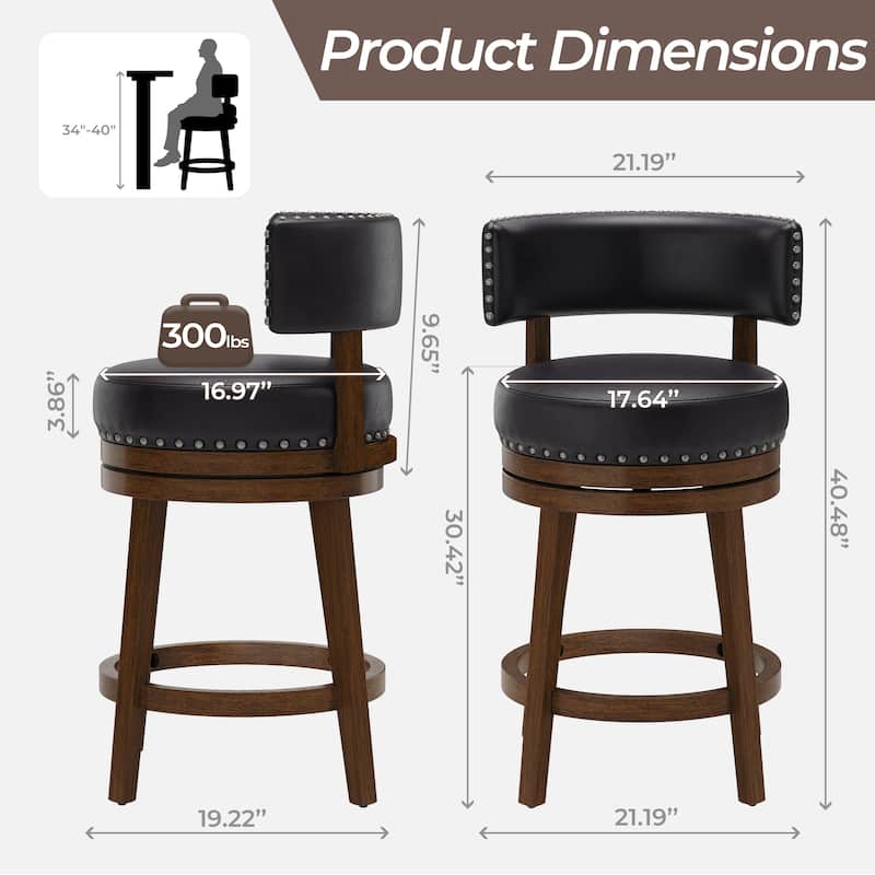 360-Degree Swivel Counter Height Bar Stool with Backrest Rubberwood Frame