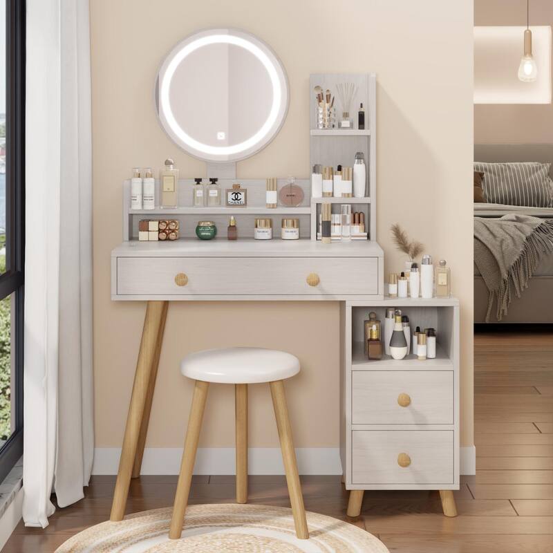 Makeup Vanity Table, 4 Drawers, with 3 colors LED Mirror - White