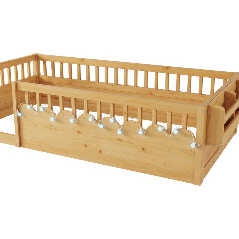 Twin Size Toddler Floor Bed Fence Bed with Guardrails, Natural