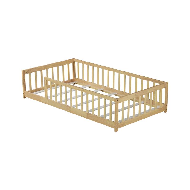 Twin Size Natural Rubber Wood Floor Bed with Safety Fence, Eco-Friendly and Easy Assembly