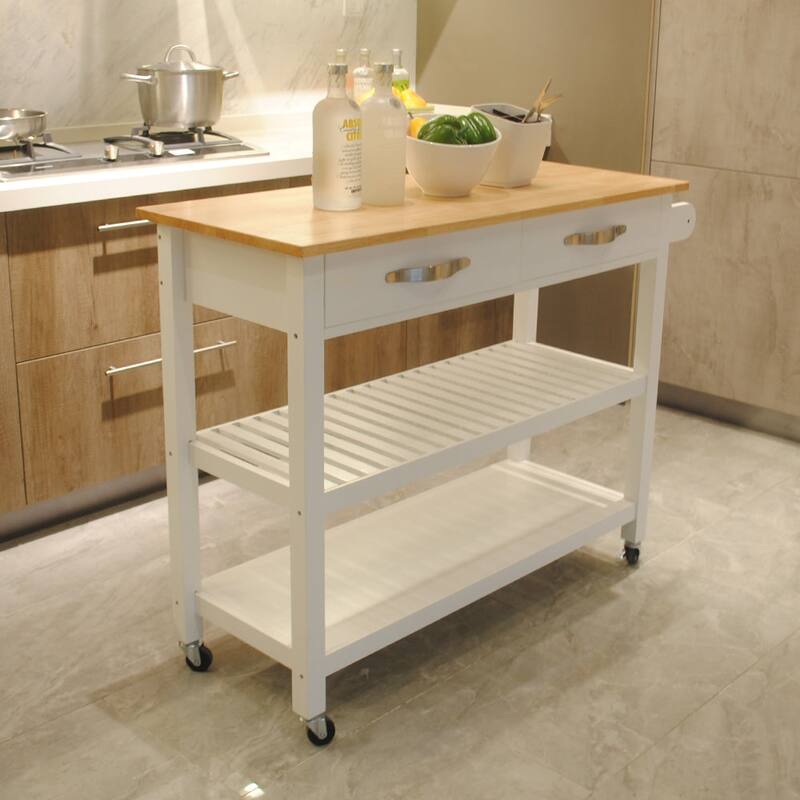 Simple Design Kitchen Cart with Two Lockable Wheels, Rubber Wood Top