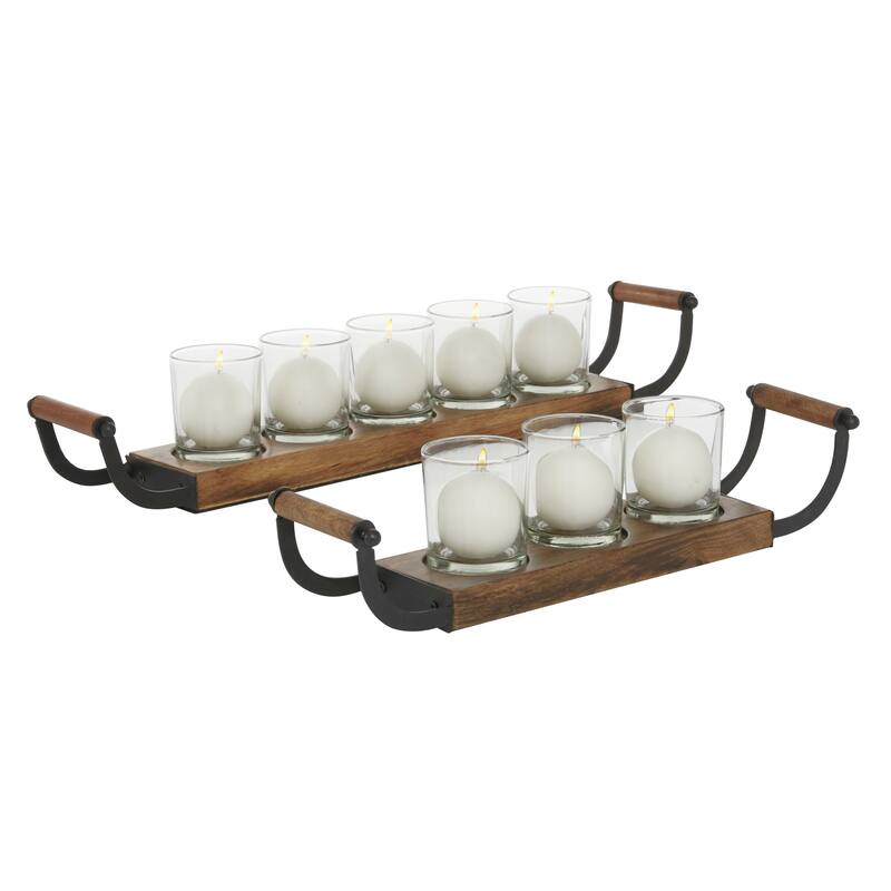 Wood Tealight 8 Glass Sleeve Candelabra - Set of 2 Brown - Roche River Decor - 4"W x 24"L x 4"H
