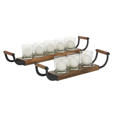Wood Tealight 8 Glass Sleeve Candelabra - Set of 2 Brown - Roche River Decor - 4"W x 24"L x 4"H